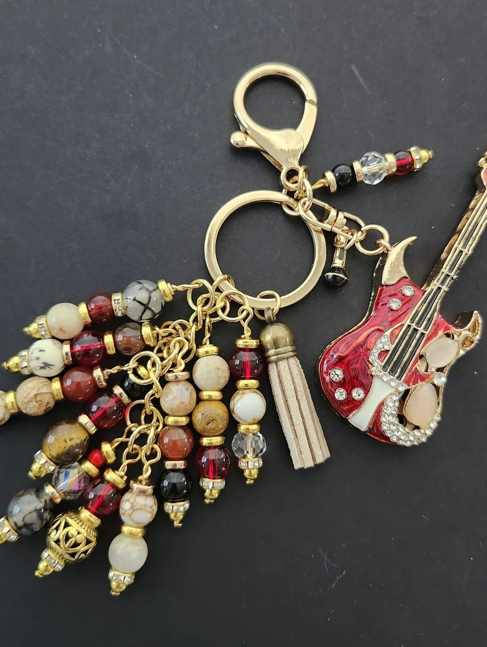 Electric Guitar Purse Charm or Keychain Carnelian Agate Tigers Eye Handcrafted